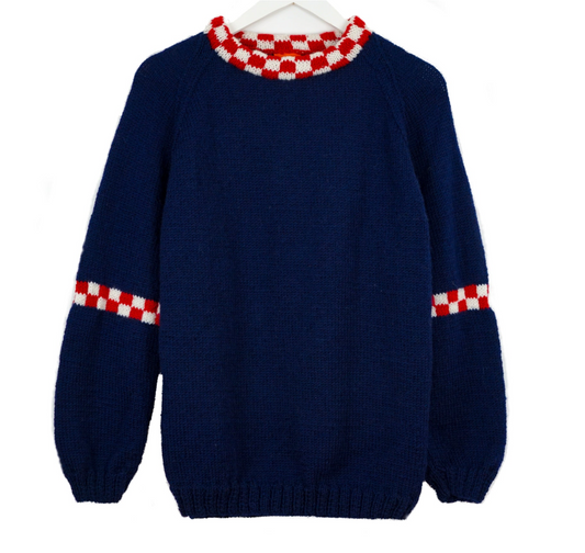 Pure White Dark Navy Checkered Collar Jumper, Arsenal like colours, hand knitted and pure wool, Arsenal jumper