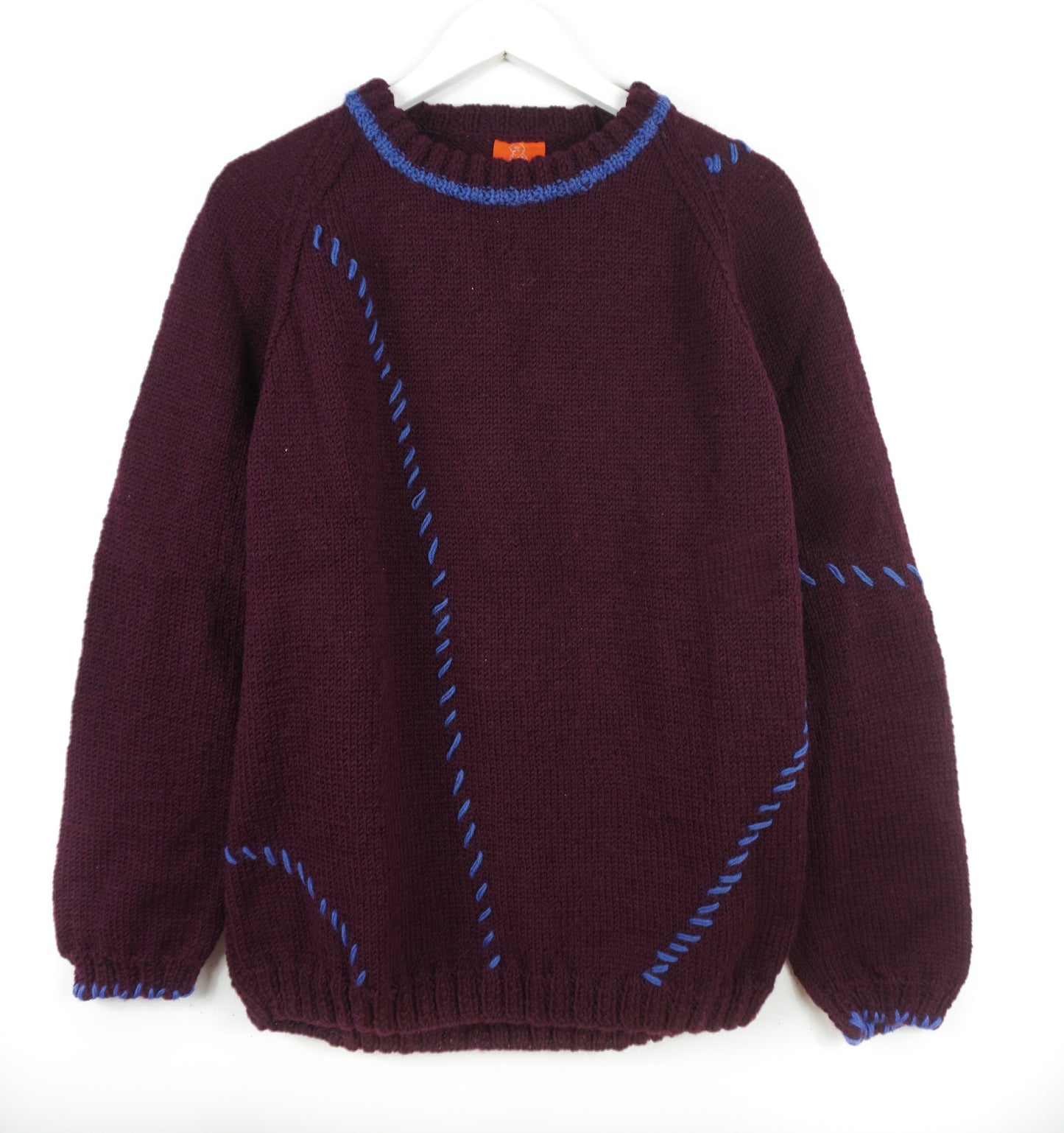 pure wool hand knitted one off Blue Stiched Burgundy Jumper