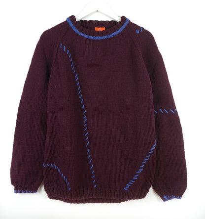 pure wool hand knitted one off Blue Stiched Burgundy Jumper