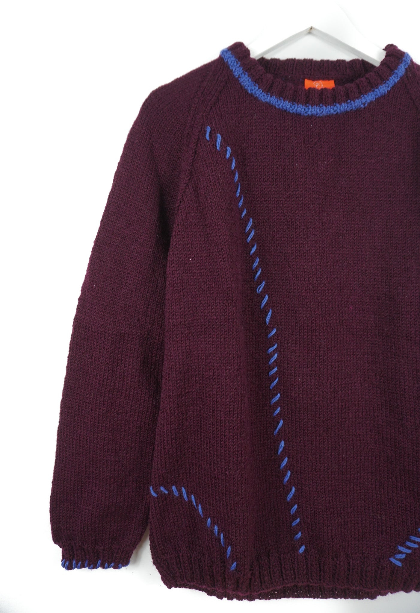 pure wool hand knitted one off Blue Stiched Burgundy Jumper