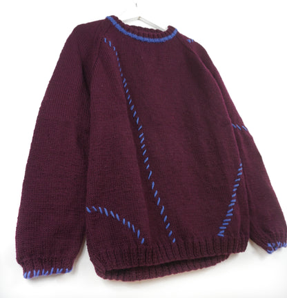 pure wool hand knitted one off Blue Stiched Burgundy Jumper