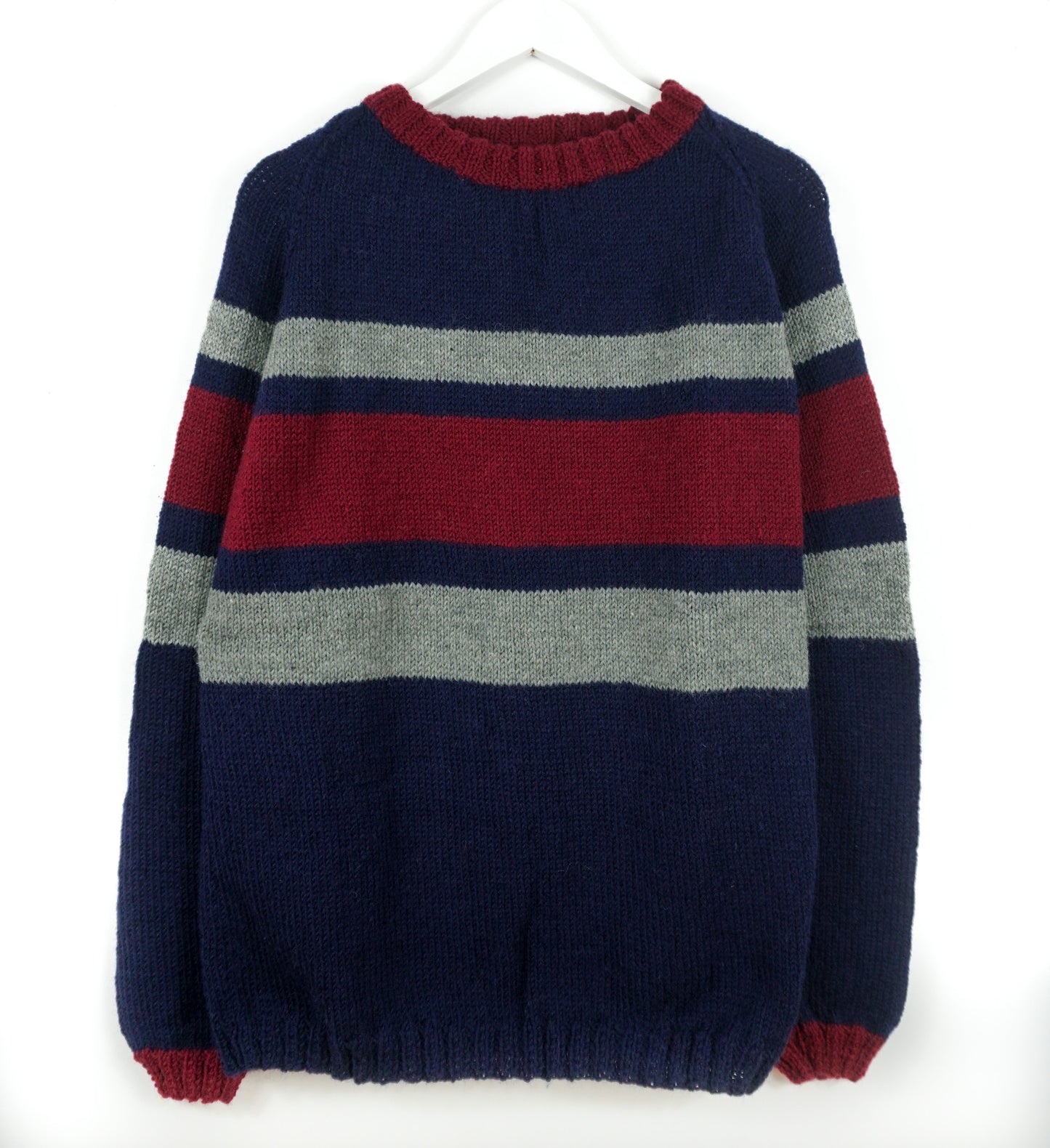 pure wool hand knitted one off Bold Striped Navy Jumper