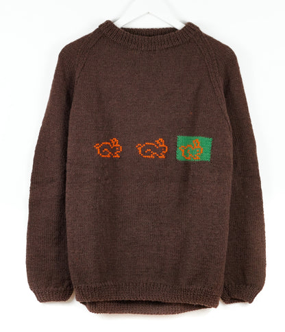 pure wool hand knitted one off Bunnies Jumper brown