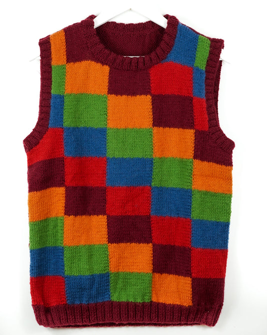 pure wool hand knitted one off Chromatic Checkered Vest