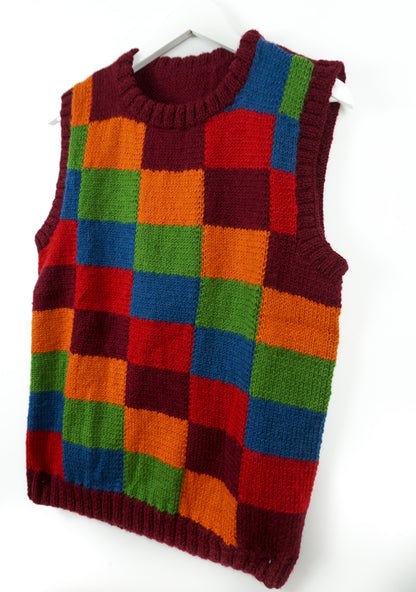 pure wool hand knitted one off Chromatic Checkered Vest