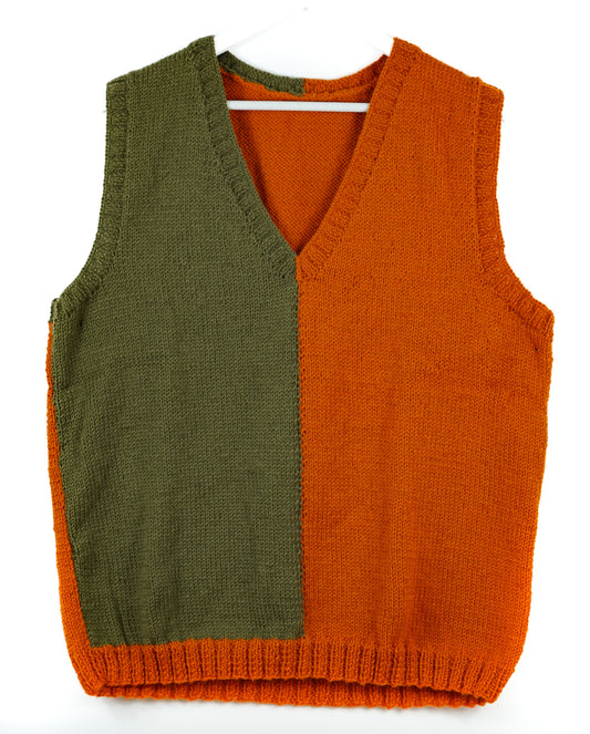 pure wool hand knitted one off Dark Green Orange Duo Vest