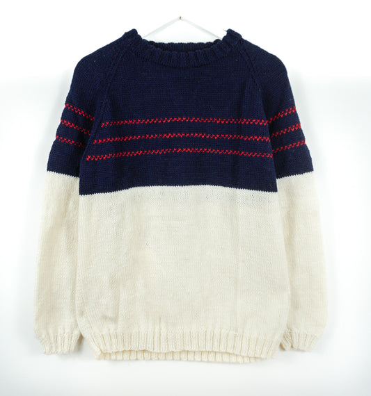 pure wool hand knitted one off Dark Navy + Ivory Jumper