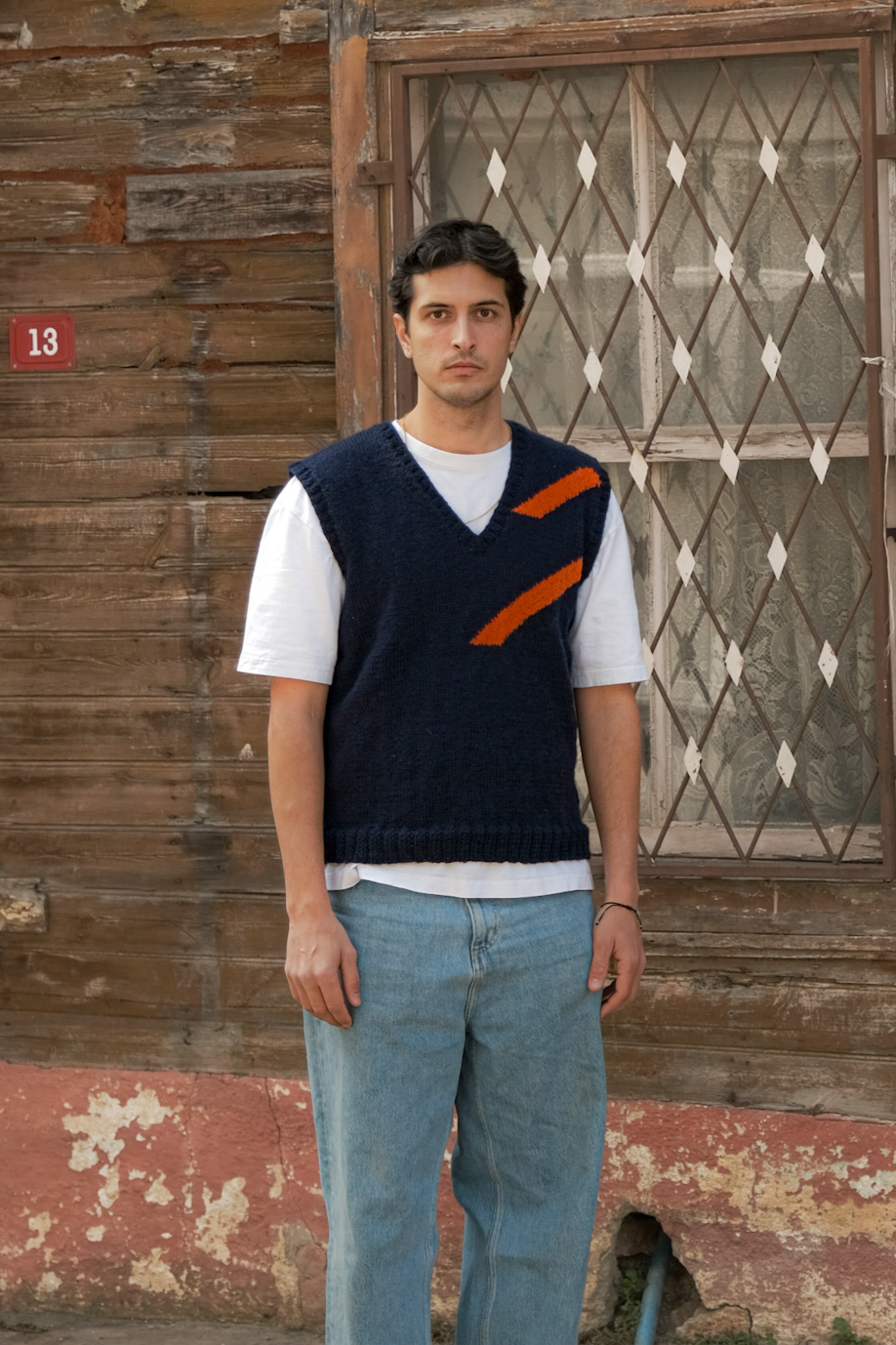 pure wool hand knitted one off v neck dark navy vest