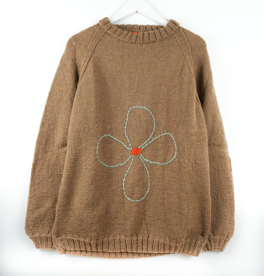 pure wool hand knitted one off Flower Brown Jumper