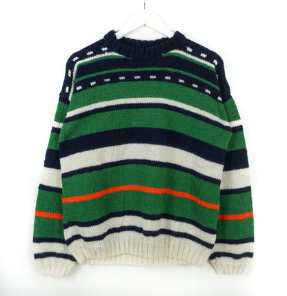 pure wool hand knitted one off Forest Green Navy Striped Jumper