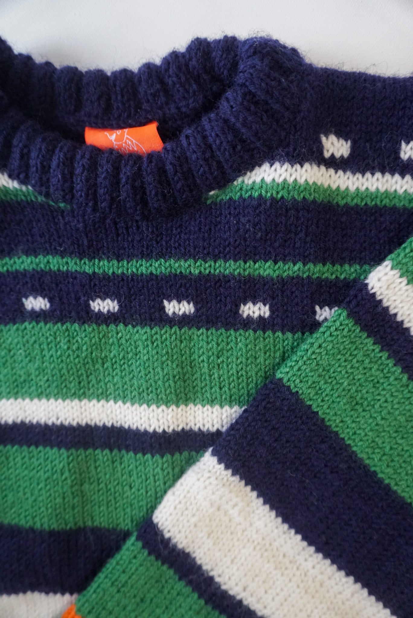 pure wool hand knitted one off Forest Green Navy Striped Jumper