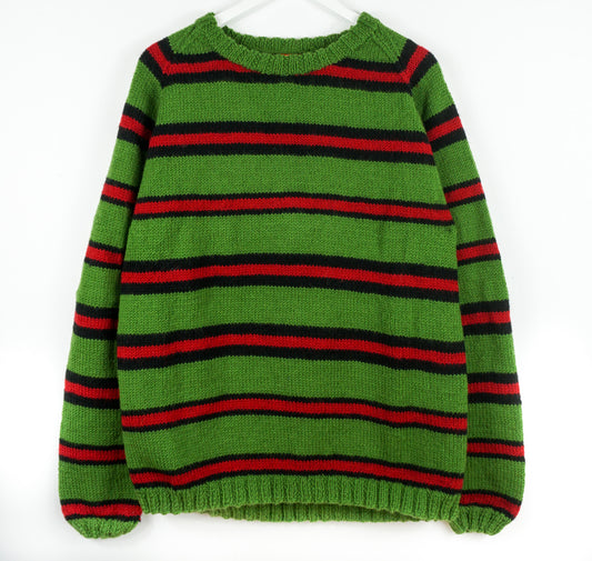 Forest Green Striped Jumper hand knitted pure wool