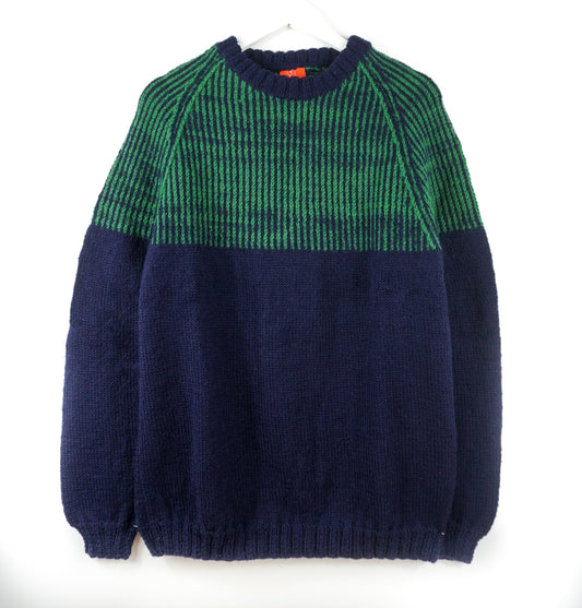 pure wool hand knited one off Green and Navy Blue Jumper