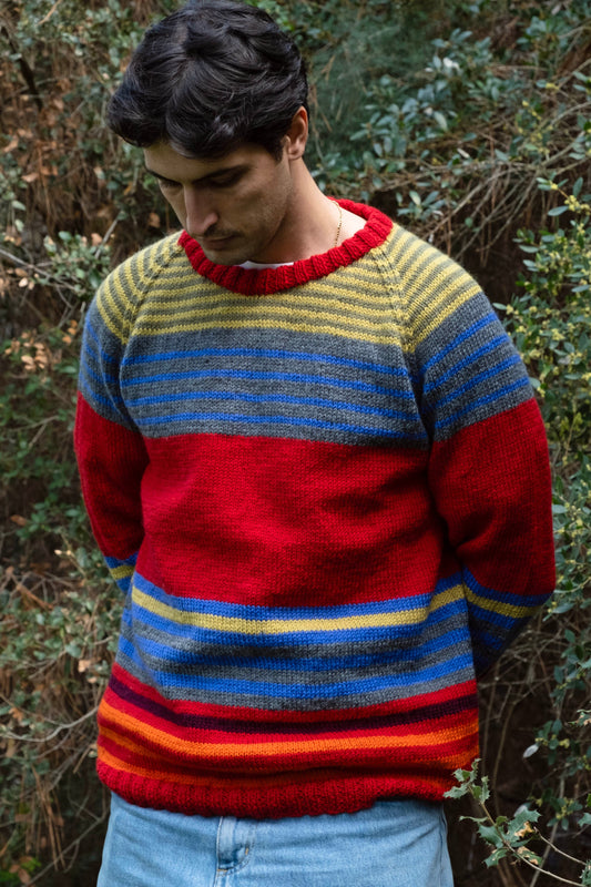 pure wool hand knitted one off multi striped red jumper