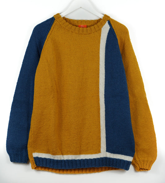 pure wool hand knitted one off Mustard +  Blue Jumper