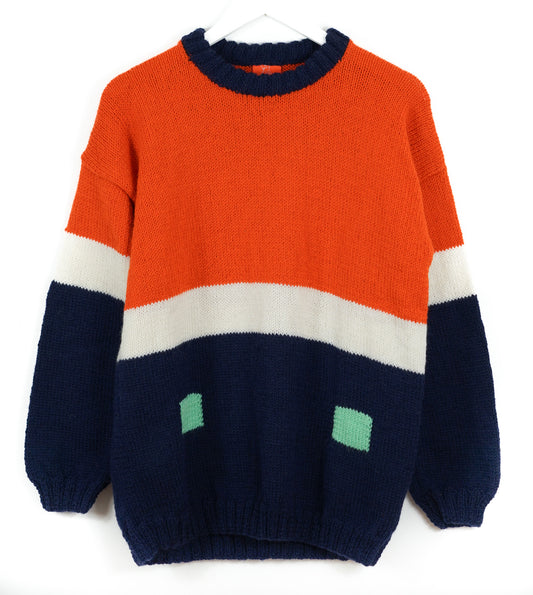 pure wool hand knitted one off Orange Navy Duotone Jumper