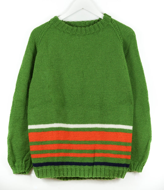 pure wool hand knitted one off Orange Striped Green Jumper