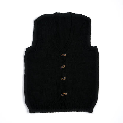 Pure Wool Black Buttoned Vest, skatedeck upcycled buttons and hand knitted