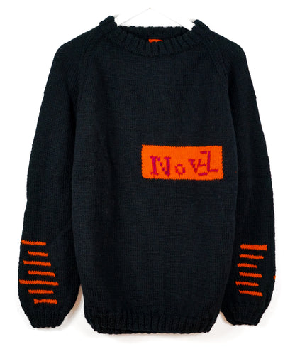 Pure Wool Black Jumper with orange paterns, hand knitted and one off