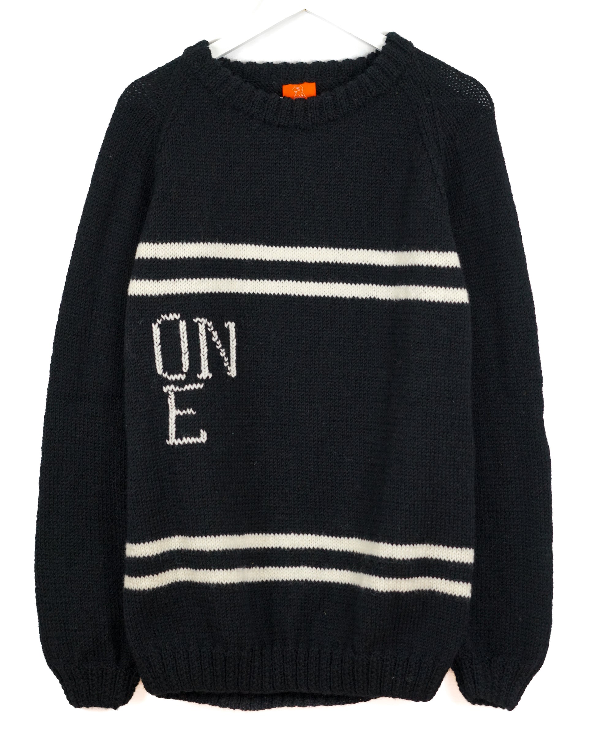 Pure Wool Black Large Jumper, with unique patterns on it. Beige Stripes one off and hand knitted