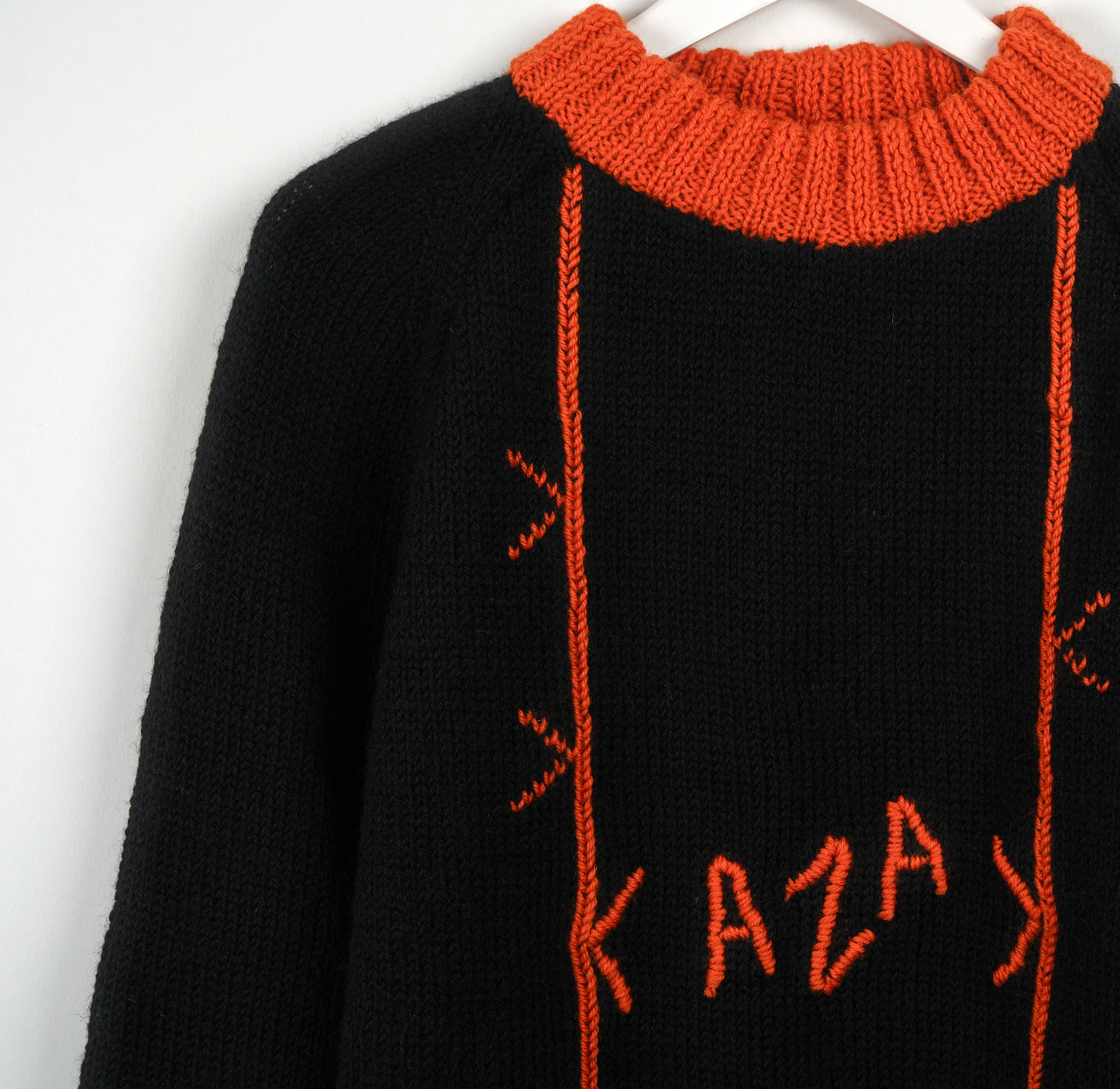 Pure Wool Black and Orange Collar Jumper, hand knitted and one off