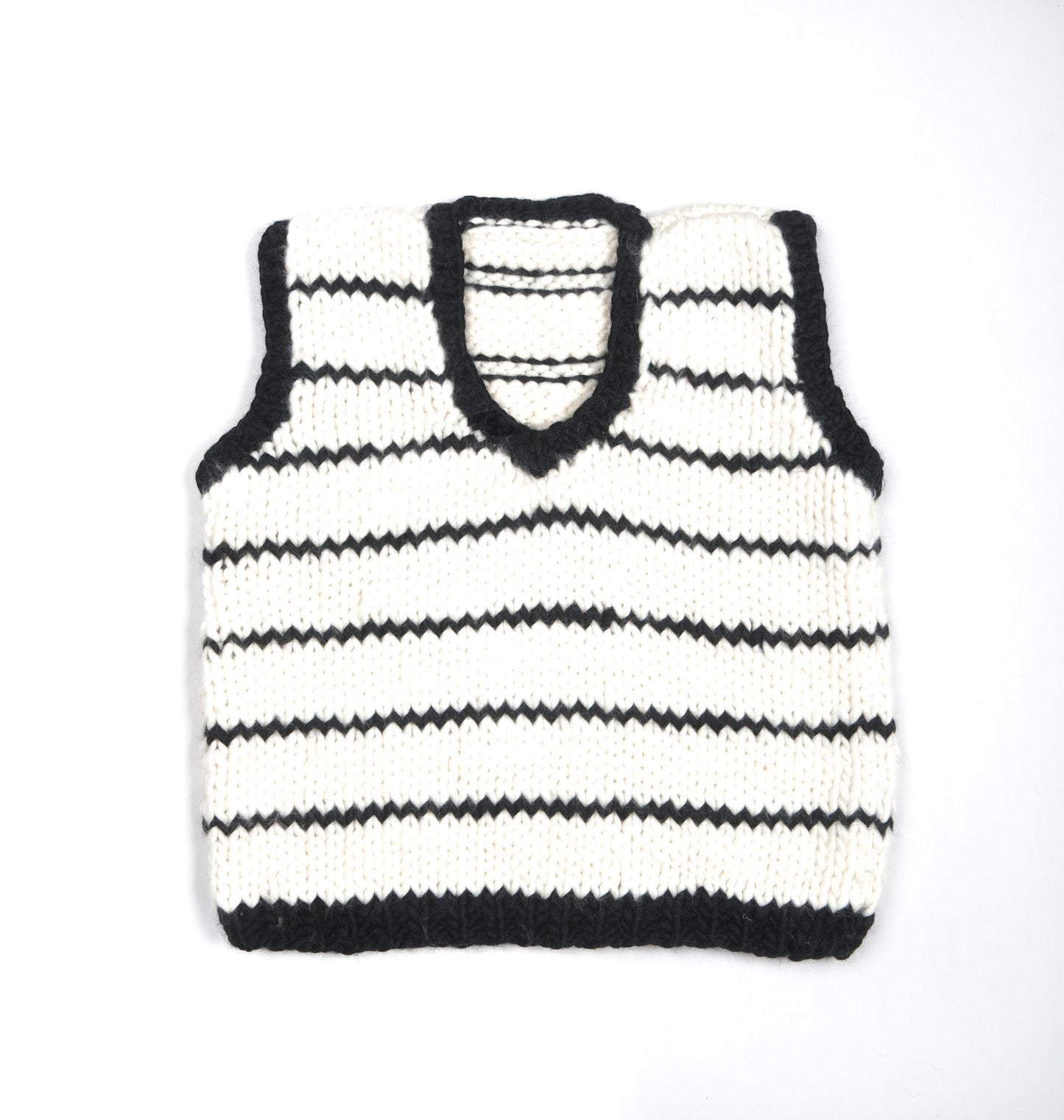 Pure Wool Black and White Striped Vest, hand knitted