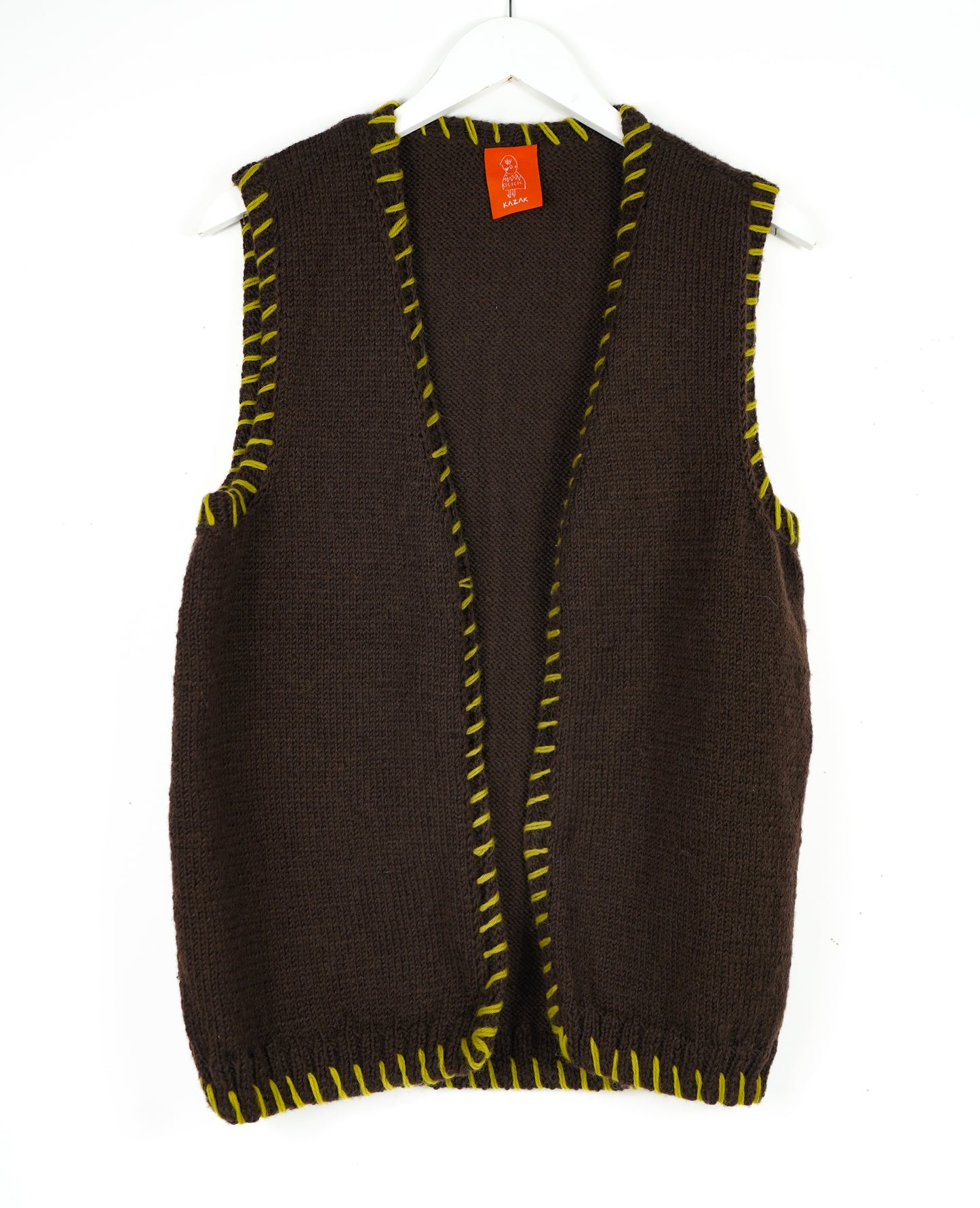 Pure Wool Brown Yellow Stitched Vest, hand knitted and one off