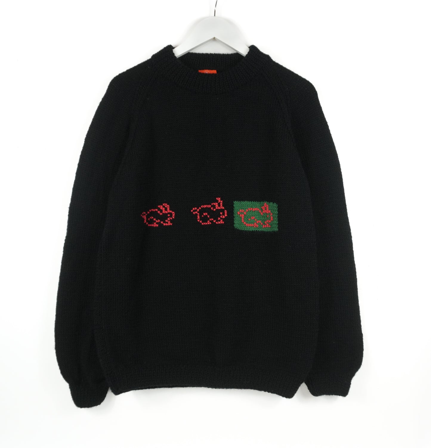 Pure Wool Black Jumper with bunnies knitted, artist drawn illustration, one off medium jumper