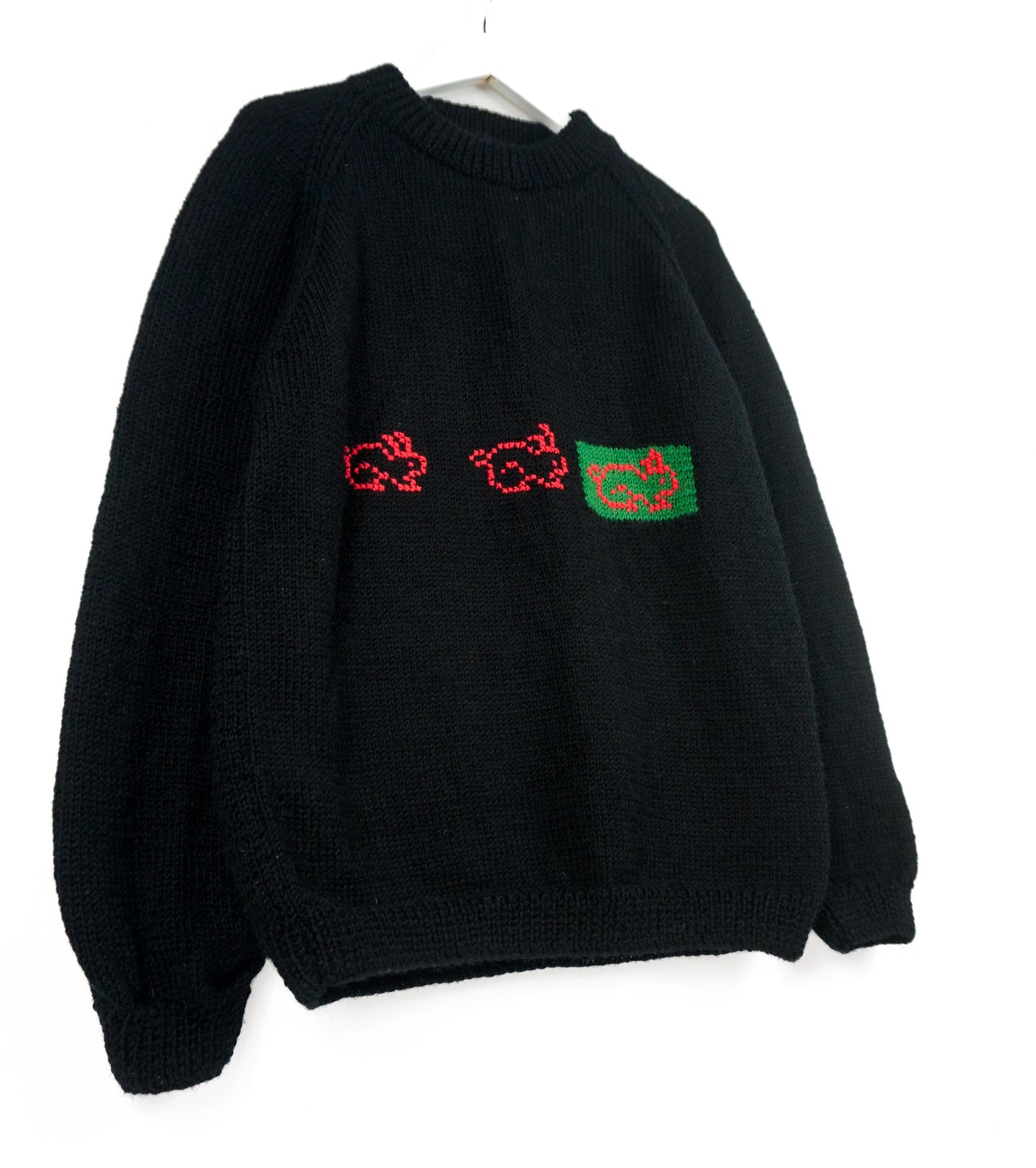 Pure Wool Black Jumper with bunnies knitted, artist drawn illustration, one off medium jumper