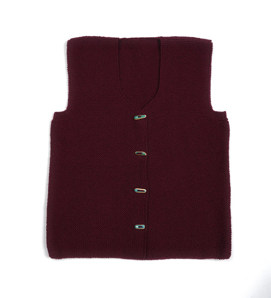 Pure Wool Burgundy Buttoned Vest, skatedeck upcycled buttons used. Hand knitted