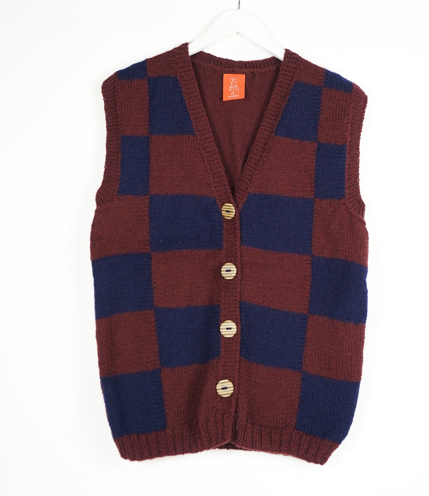 Pure Wool Burgundy Checkered Vest with hand made buttons, skatedeck upcycled buttons on it. One off and hand knitted.