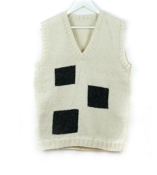 Pure wool white vest with black patches, hand knitted and one off