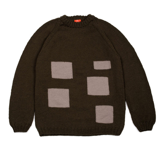 Pure Wool Khaki jumper with Checkered patterns. Hand knitted with medium large fit