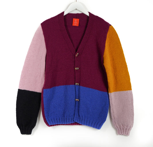 Pure Wool multiple colour hand knitted cardigan, one off. Skatedeck Upcycled buttons 