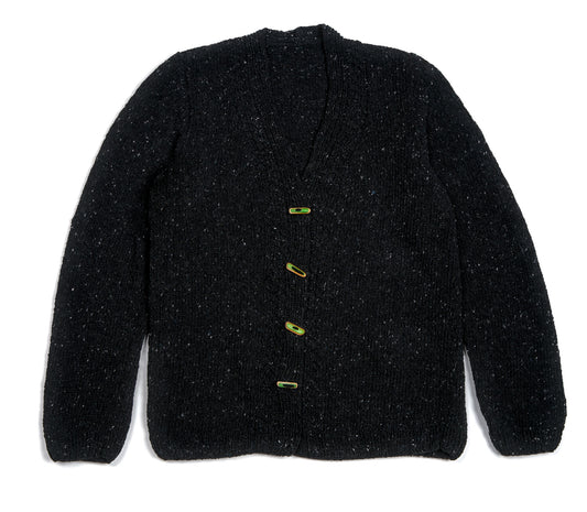 Pure Wool Constellation Cardigan with skatedeck recycled buttons. Hand knitted to large fit.