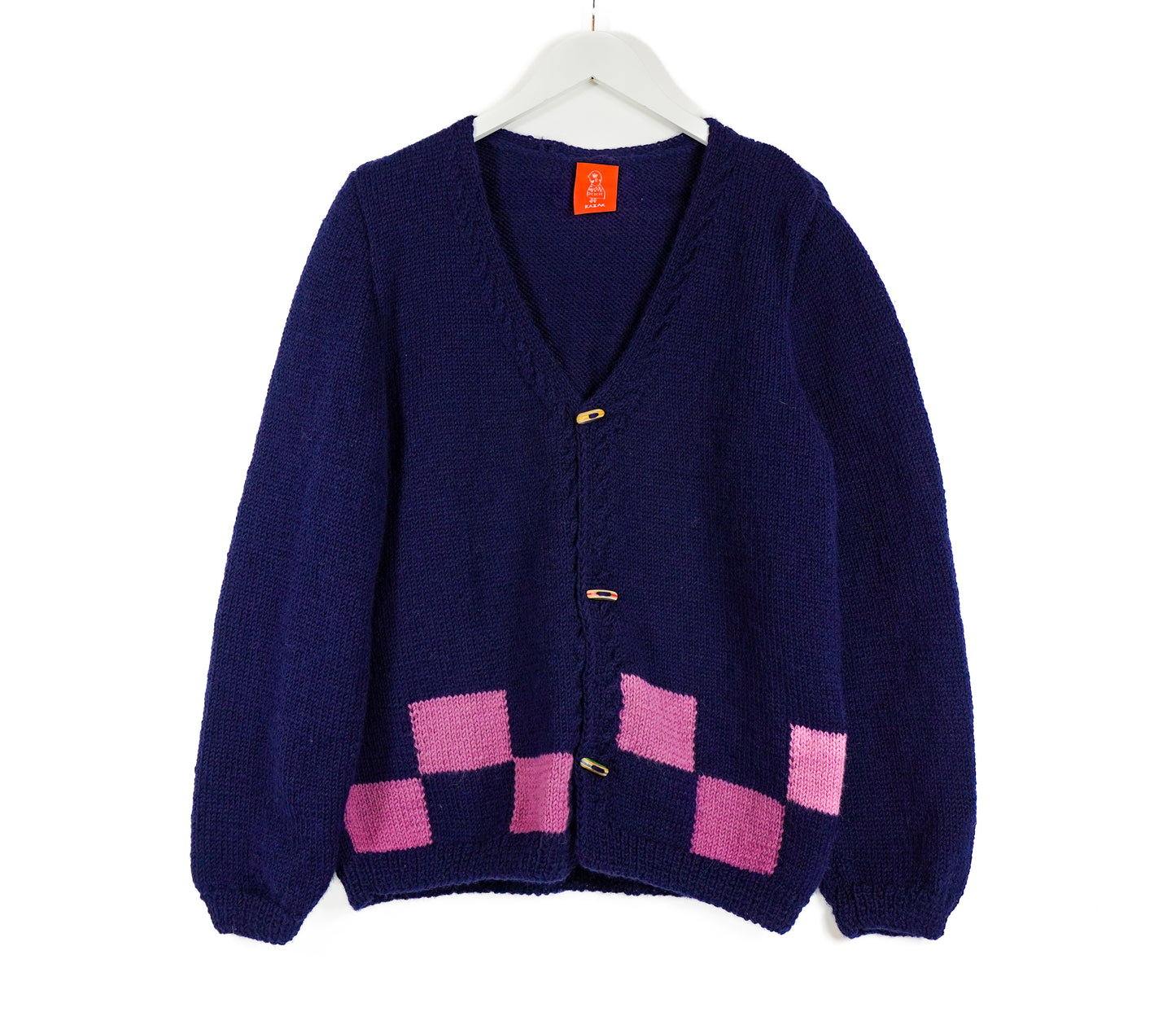 Pure Wool Dark Blue Pink Checkered Cardigan, Punk style, skate deck upcycled buttons on it. One off hand knitted