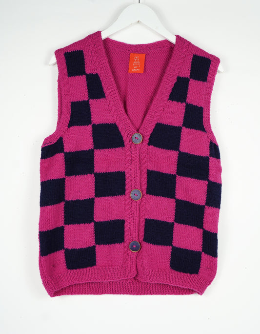 Pure Wool Dark Pink Checkered Vest, punk vest, hand made skatedeck upcycled buttons on it. One off and hand knitted