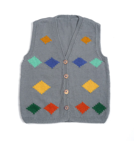 Pure Wool vest with Diamond Patterns, grey heavy and hand knitted