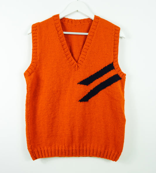 Pure Wool Orange Vest, second photo, one off hand knitted, it has stripes on it.