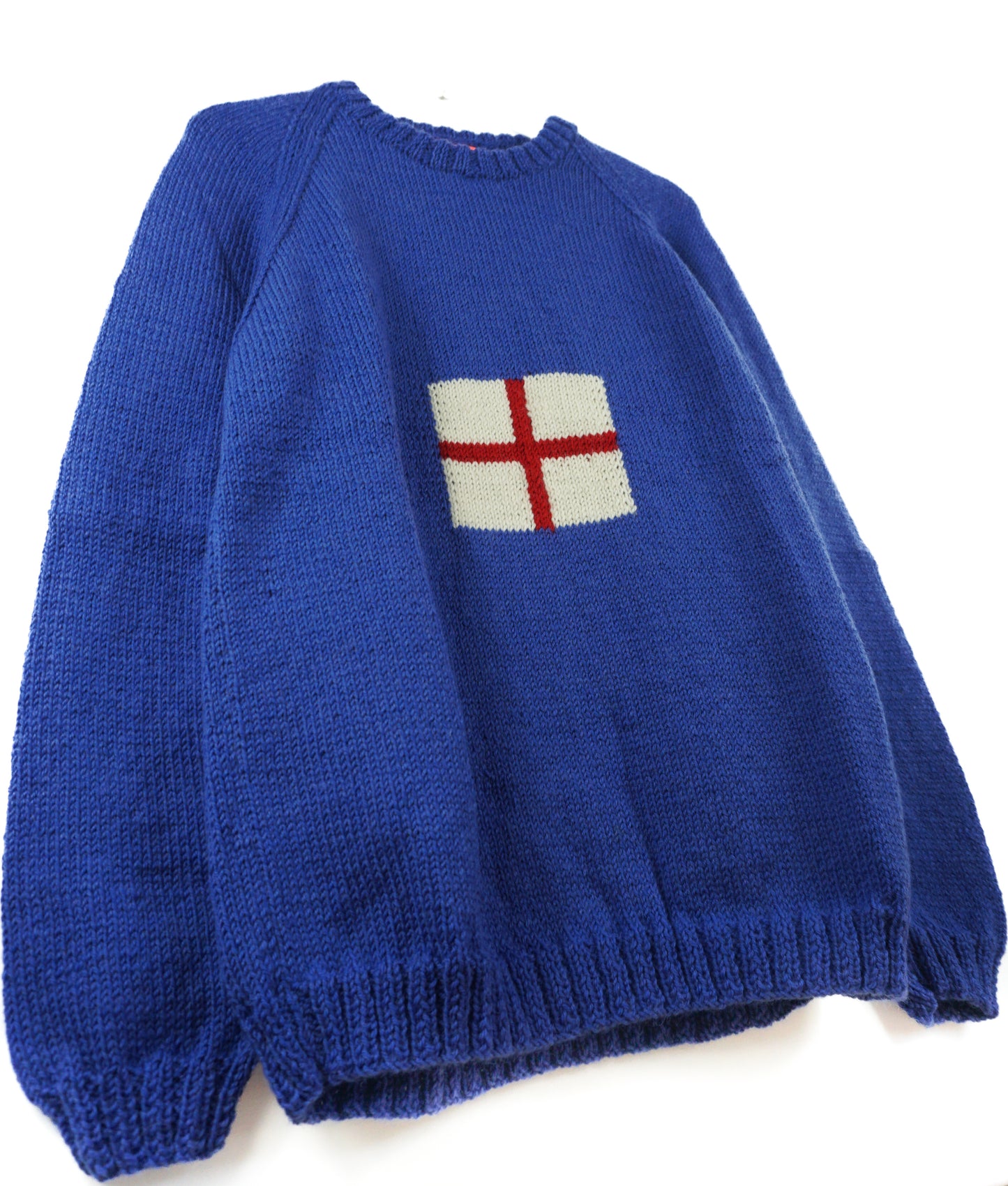 Pure Wool Blue Jumper with English flag on it, one off, hand knitted