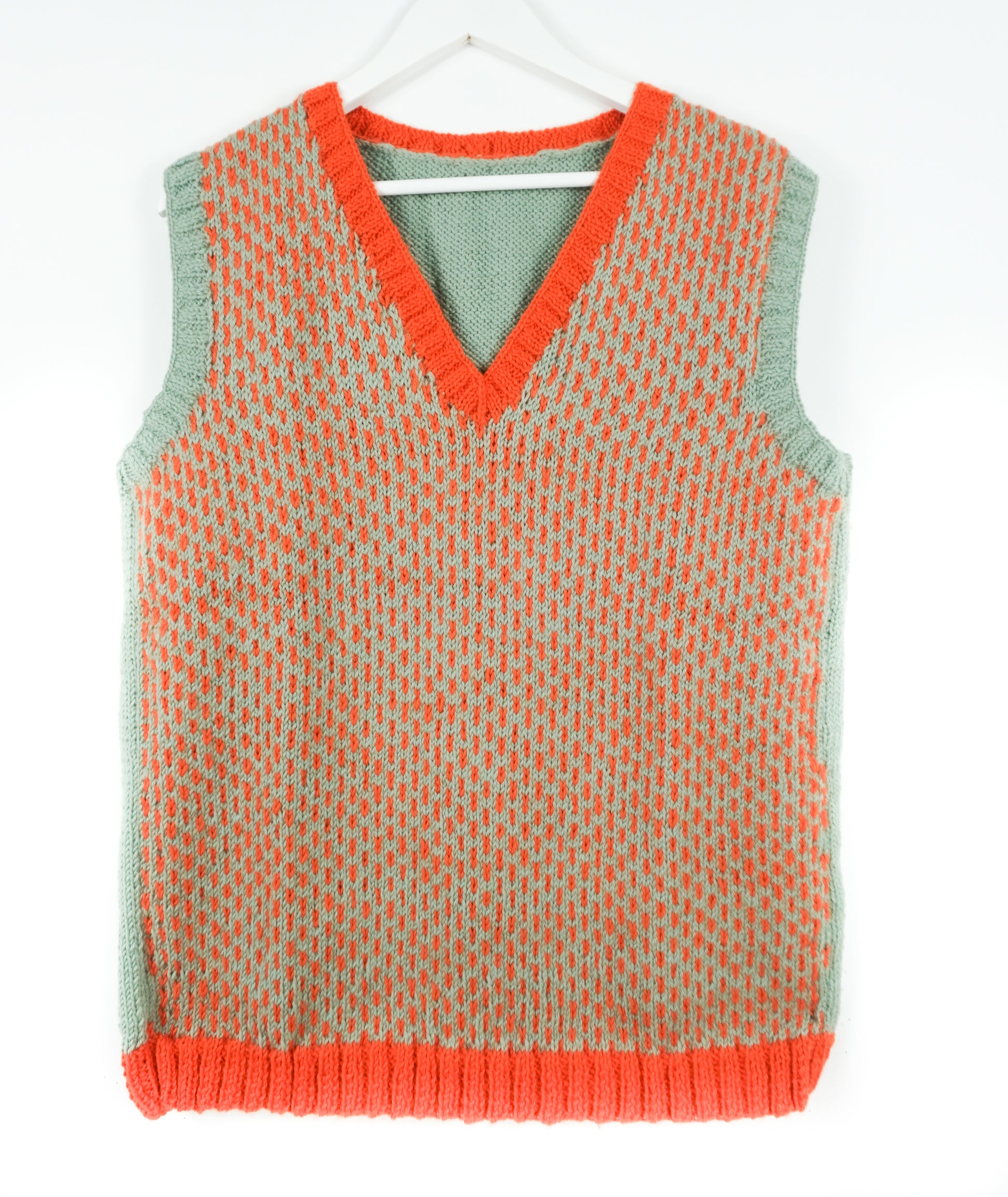 Pure Wool Fair Isle Orange Heavy Vest, hand knitted