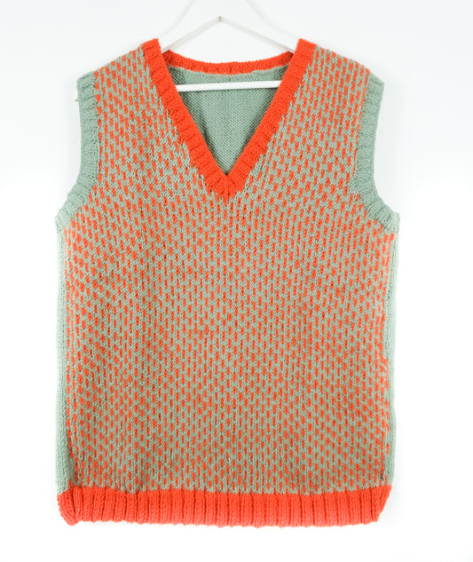 Pure Wool Fair Isle Orange Heavy Vest, hand knitted