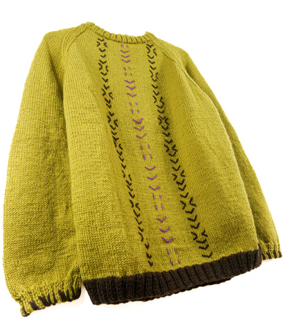  Pure Wool Gold Yellow Stitched Jumper, tribal like patterns, hand knitted and one off