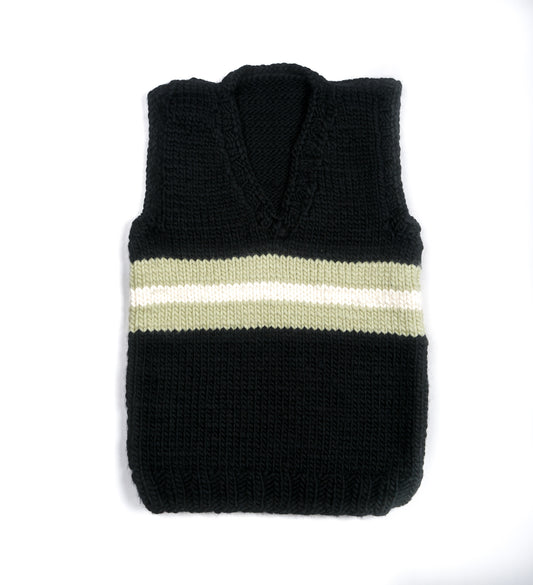 Pure Wool vest with Green Stripes and Black heavy. Hand knitted