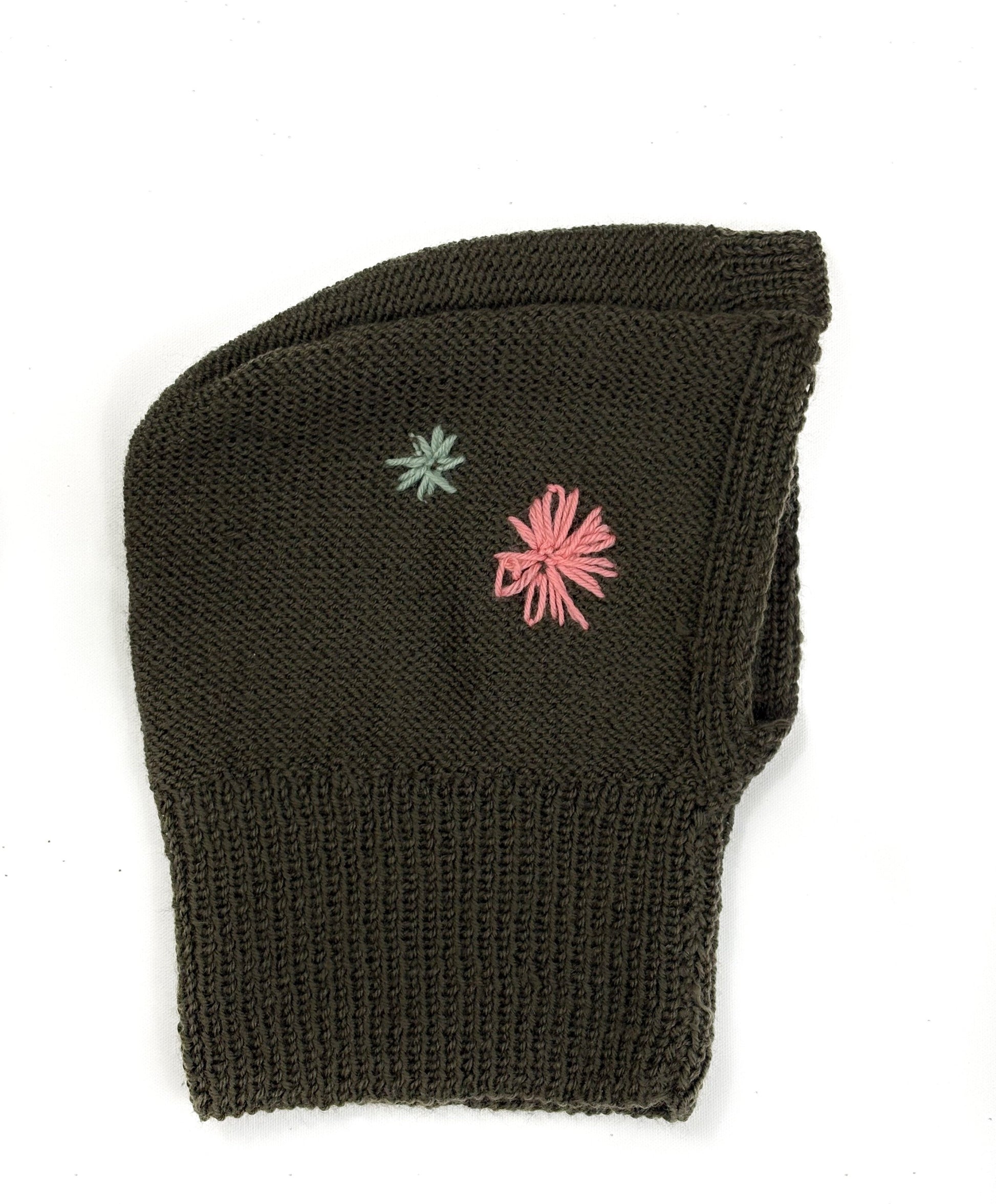 Pure Wool Khaki Flower Embroidery Balaclava, hand knit and one off