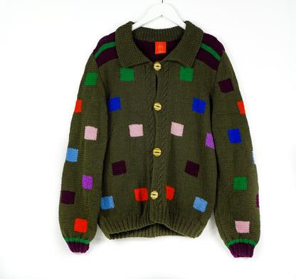 Pure Wool Khaki Long Sleeve Cardigan, colourful patches with skatedeck upcycled buttons. Hand knitted and pure wool