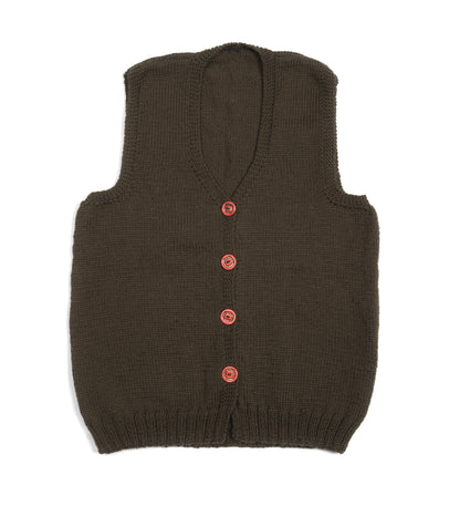 Pure Wool Khaki Vest with skatedeck upcycled buttons and hand knitted