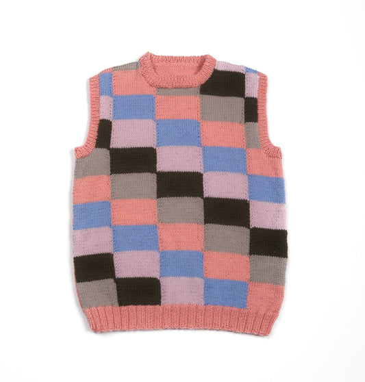 Pure Wool Multicolour Checkered Vest, tank top. Hand knitted