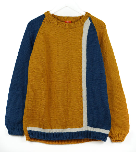 Pure Wool Mustard Jumper with Blue, hand knitted and one off.