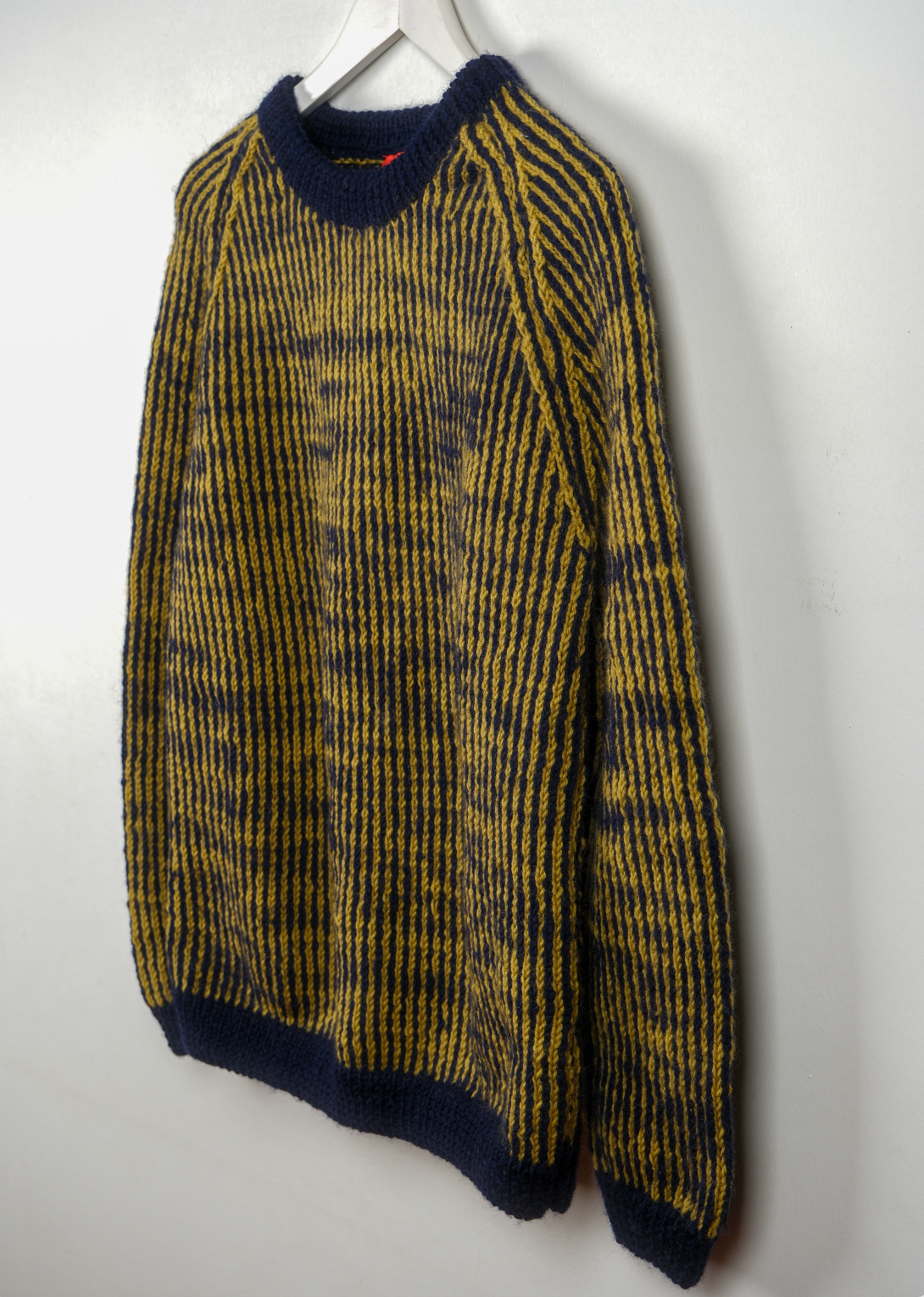 Pure Wool navy blue and yellow heavy jumper, hand knitted and one off